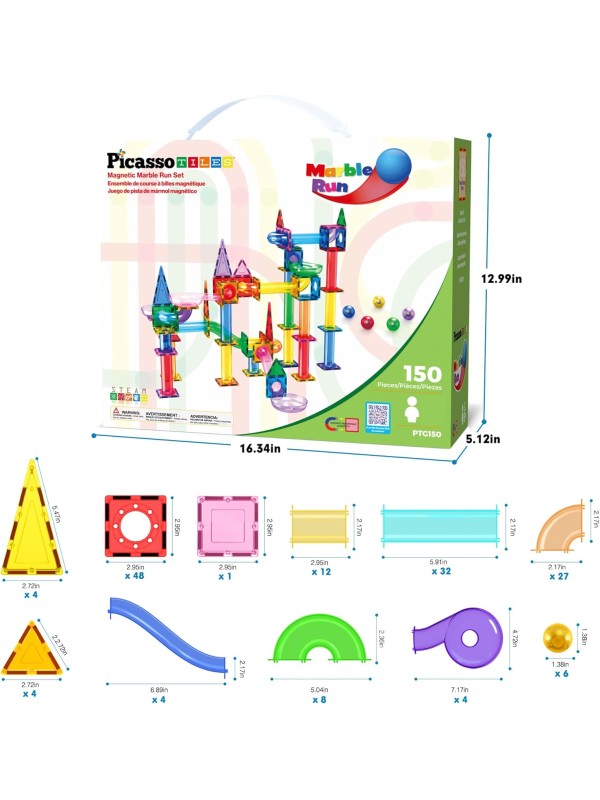 PicassoTiles 108pc 3-in-1 Marble Run Car Race Track Combo Magnetic Tiles PicassoToys Magnet Building Block Educational Construction Toy Playset STEM STEAM Learning Kit Child Brain Development PTG108