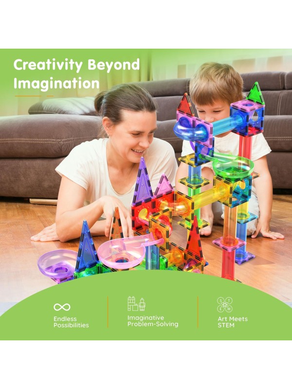 PicassoTiles 108pc 3-in-1 Marble Run Car Race Track Combo Magnetic Tiles PicassoToys Magnet Building Block Educational Construction Toy Playset STEM STEAM Learning Kit Child Brain Development PTG108