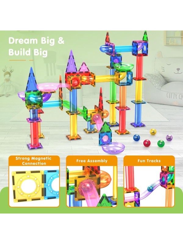 PicassoTiles 108pc 3-in-1 Marble Run Car Race Track Combo Magnetic Tiles PicassoToys Magnet Building Block Educational Construction Toy Playset STEM STEAM Learning Kit Child Brain Development PTG108