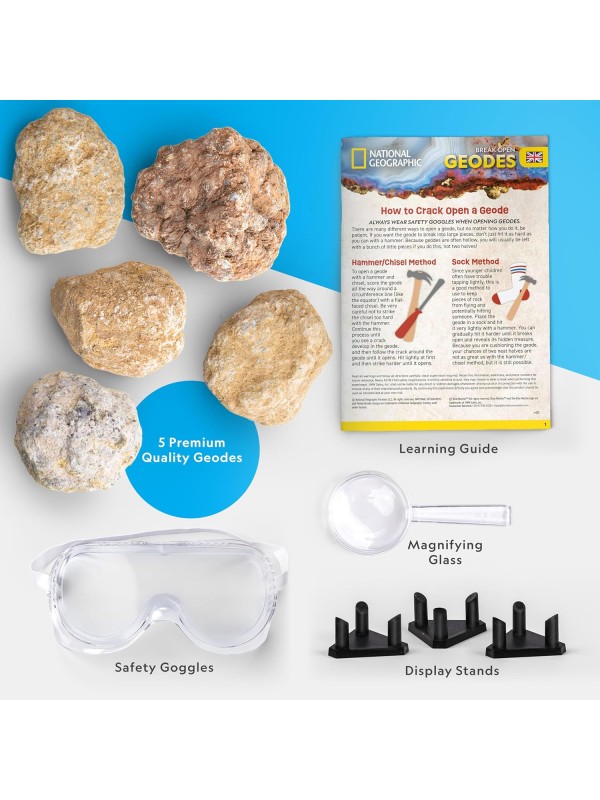 National Geographic Break Open 10 Premium Geodes – Includes Goggles & 2 Display Stands - Great STEM Science Kit, Geology Gift for Kids, Break Your Own Geodes with Crystals