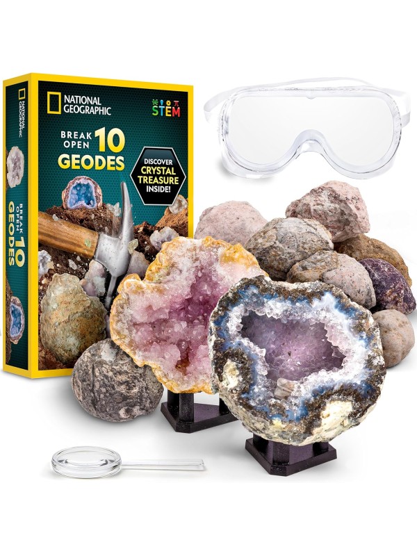 National Geographic Break Open 10 Premium Geodes – Includes Goggles & 2 Display Stands - Great STEM Science Kit, Geology Gift for Kids, Break Your Own Geodes with Crystals