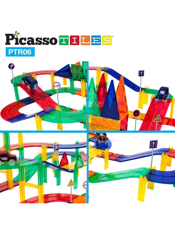 PicassoTiles 128 Piece Race Car Track Building Block Educational Toy Set Magnetic Tiles Magnet Playset 3 LED Car STEM Learning Construction Kit Hand-Eye Fine Motor Skill Training Brain Development