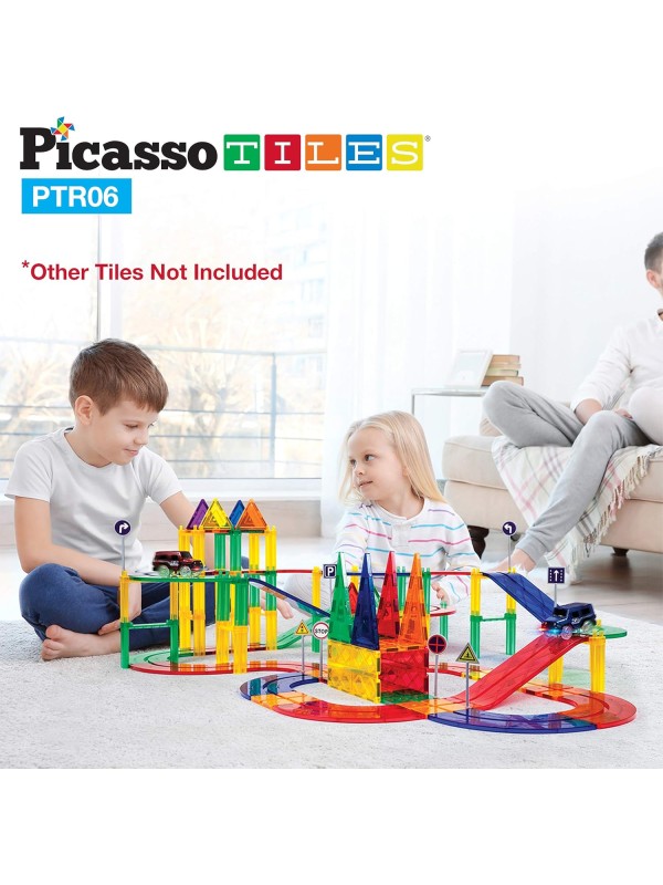 PicassoTiles 128 Piece Race Car Track Building Block Educational Toy Set Magnetic Tiles Magnet Playset 3 LED Car STEM Learning Construction Kit Hand-Eye Fine Motor Skill Training Brain Development