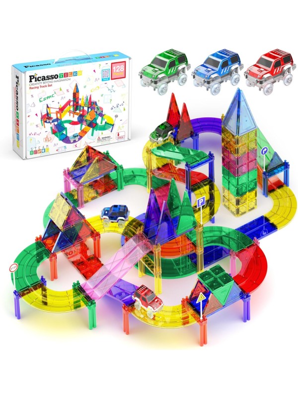 PicassoTiles 128 Piece Race Car Track Building Block Educational Toy Set Magnetic Tiles Magnet Playset 3 LED Car STEM Learning Construction Kit Hand-Eye Fine Motor Skill Training Brain Development