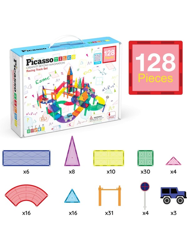 PicassoTiles 128 Piece Race Car Track Building Block Educational Toy Set Magnetic Tiles Magnet Playset 3 LED Car STEM Learning Construction Kit Hand-Eye Fine Motor Skill Training Brain Development