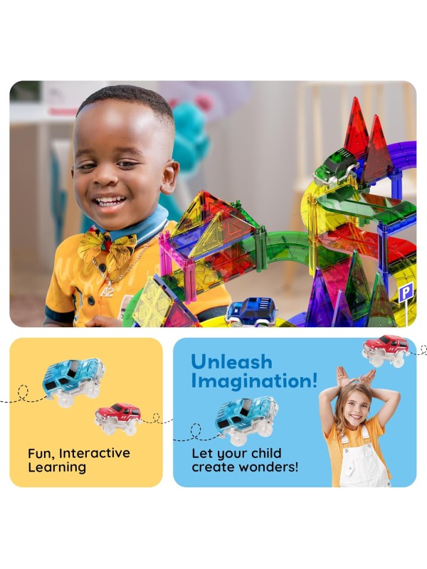 PicassoTiles 128 Piece Race Car Track Building Block Educational Toy Set Magnetic Tiles Magnet Playset 3 LED Car STEM Learning Construction Kit Hand-Eye Fine Motor Skill Training Brain Development