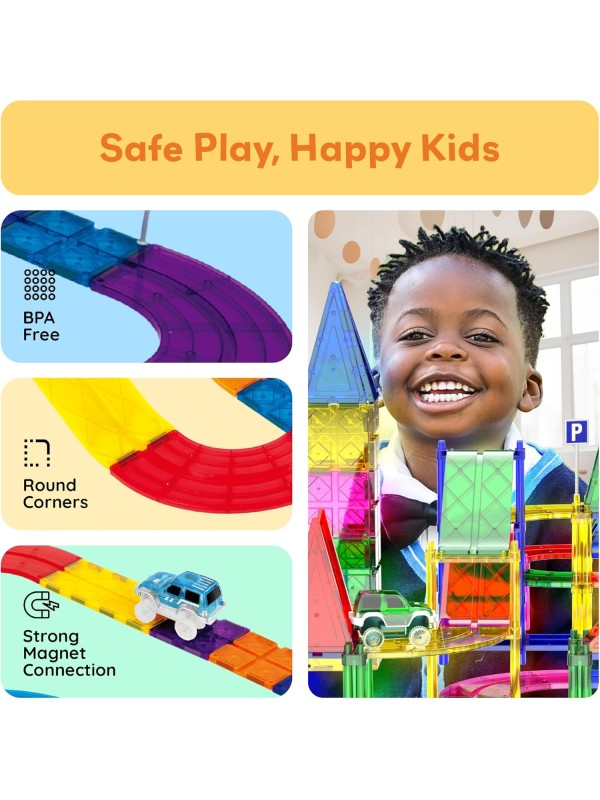 PicassoTiles 128 Piece Race Car Track Building Block Educational Toy Set Magnetic Tiles Magnet Playset 3 LED Car STEM Learning Construction Kit Hand-Eye Fine Motor Skill Training Brain Development