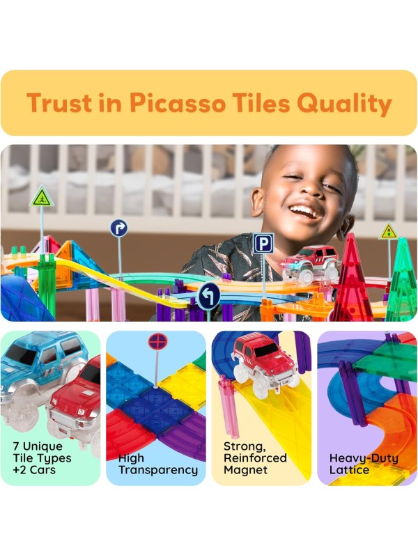 PicassoTiles 128 Piece Race Car Track Building Block Educational Toy Set Magnetic Tiles Magnet Playset 3 LED Car STEM Learning Construction Kit Hand-Eye Fine Motor Skill Training Brain Development