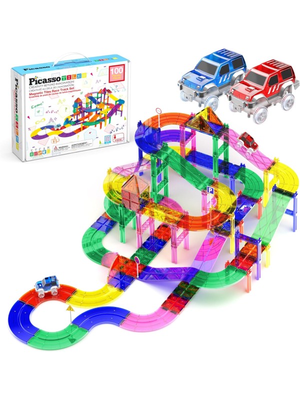 PicassoTiles 128 Piece Race Car Track Building Block Educational Toy Set Magnetic Tiles Magnet Playset 3 LED Car STEM Learning Construction Kit Hand-Eye Fine Motor Skill Training Brain Development