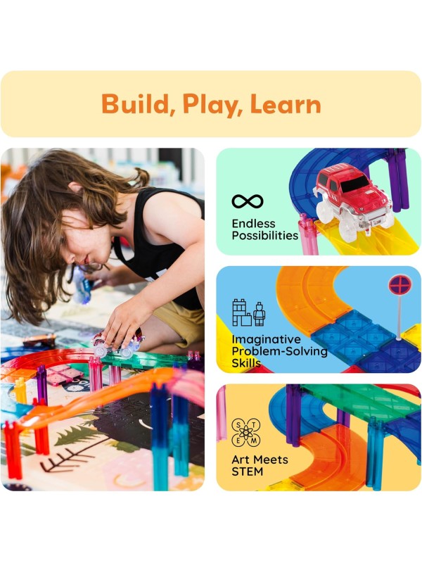 PicassoTiles 128 Piece Race Car Track Building Block Educational Toy Set Magnetic Tiles Magnet Playset 3 LED Car STEM Learning Construction Kit Hand-Eye Fine Motor Skill Training Brain Development