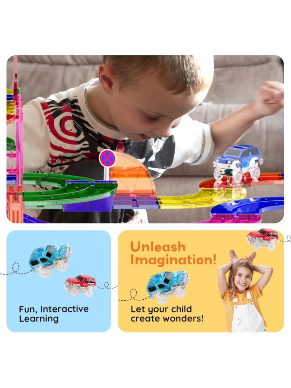 PicassoTiles 128 Piece Race Car Track Building Block Educational Toy Set Magnetic Tiles Magnet Playset 3 LED Car STEM Learning Construction Kit Hand-Eye Fine Motor Skill Training Brain Development