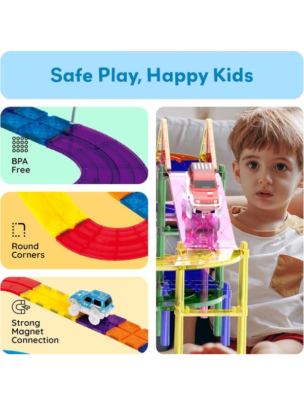 PicassoTiles 128 Piece Race Car Track Building Block Educational Toy Set Magnetic Tiles Magnet Playset 3 LED Car STEM Learning Construction Kit Hand-Eye Fine Motor Skill Training Brain Development