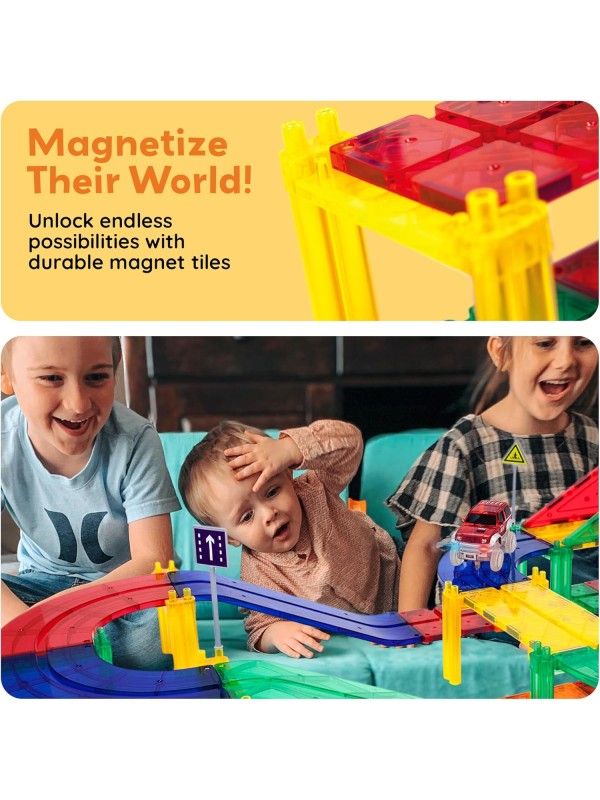 PicassoTiles 128 Piece Race Car Track Building Block Educational Toy Set Magnetic Tiles Magnet Playset 3 LED Car STEM Learning Construction Kit Hand-Eye Fine Motor Skill Training Brain Development