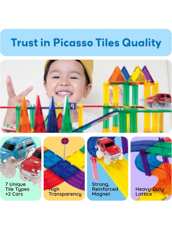 PicassoTiles 128 Piece Race Car Track Building Block Educational Toy Set Magnetic Tiles Magnet Playset 3 LED Car STEM Learning Construction Kit Hand-Eye Fine Motor Skill Training Brain Development