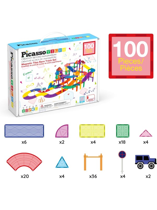 PicassoTiles 128 Piece Race Car Track Building Block Educational Toy Set Magnetic Tiles Magnet Playset 3 LED Car STEM Learning Construction Kit Hand-Eye Fine Motor Skill Training Brain Development