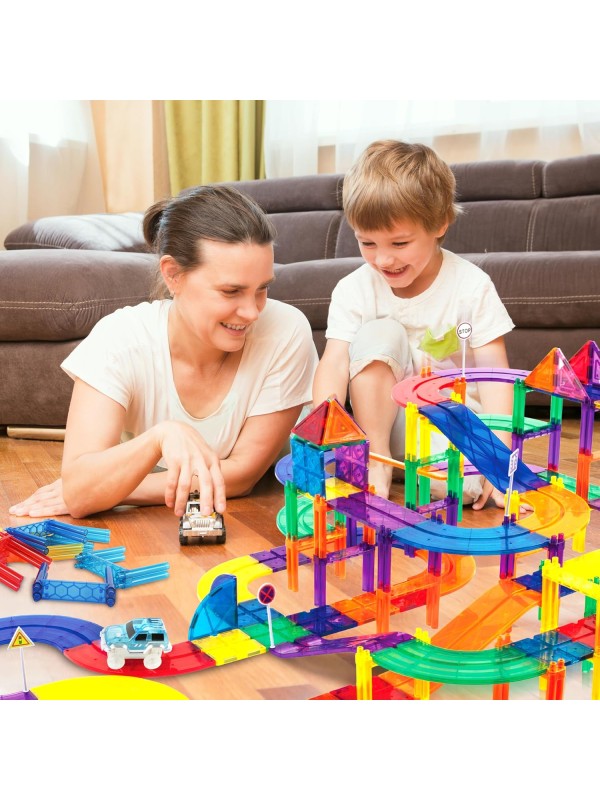 PicassoTiles 128 Piece Race Car Track Building Block Educational Toy Set Magnetic Tiles Magnet Playset 3 LED Car STEM Learning Construction Kit Hand-Eye Fine Motor Skill Training Brain Development