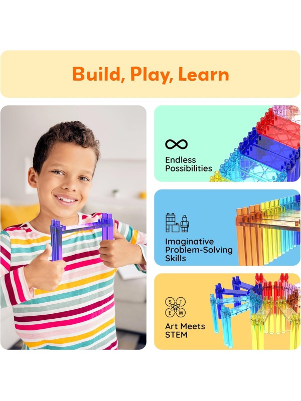 PicassoTiles 128 Piece Race Car Track Building Block Educational Toy Set Magnetic Tiles Magnet Playset 3 LED Car STEM Learning Construction Kit Hand-Eye Fine Motor Skill Training Brain Development