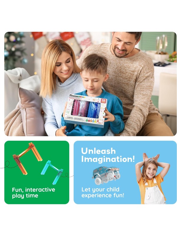 PicassoTiles 128 Piece Race Car Track Building Block Educational Toy Set Magnetic Tiles Magnet Playset 3 LED Car STEM Learning Construction Kit Hand-Eye Fine Motor Skill Training Brain Development