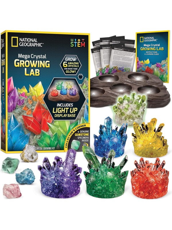 National Geographic Mega Crystal Growing Kit - Grow 6 Crystals with Light-Up Stand, Science Gifts for Kids 8-12