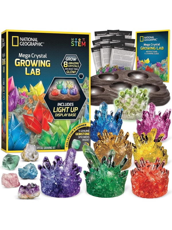 National Geographic Mega Crystal Growing Kit - Grow 6 Crystals with Light-Up Stand, Science Gifts for Kids 8-12