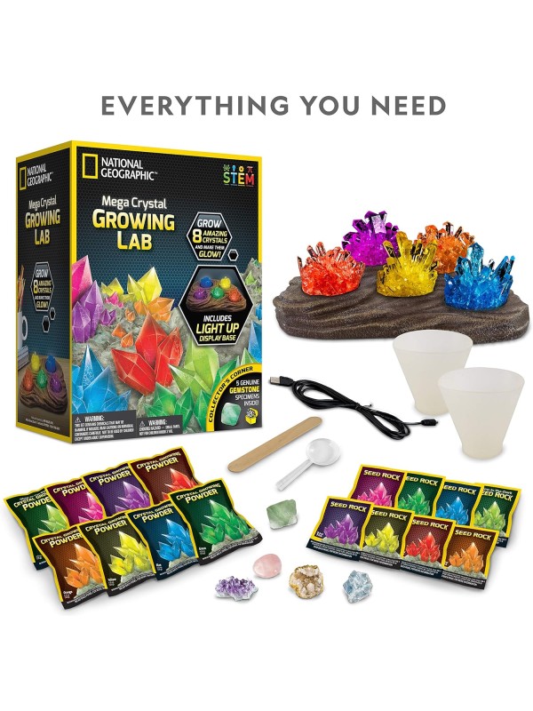 National Geographic Mega Crystal Growing Kit - Grow 6 Crystals with Light-Up Stand, Science Gifts for Kids 8-12