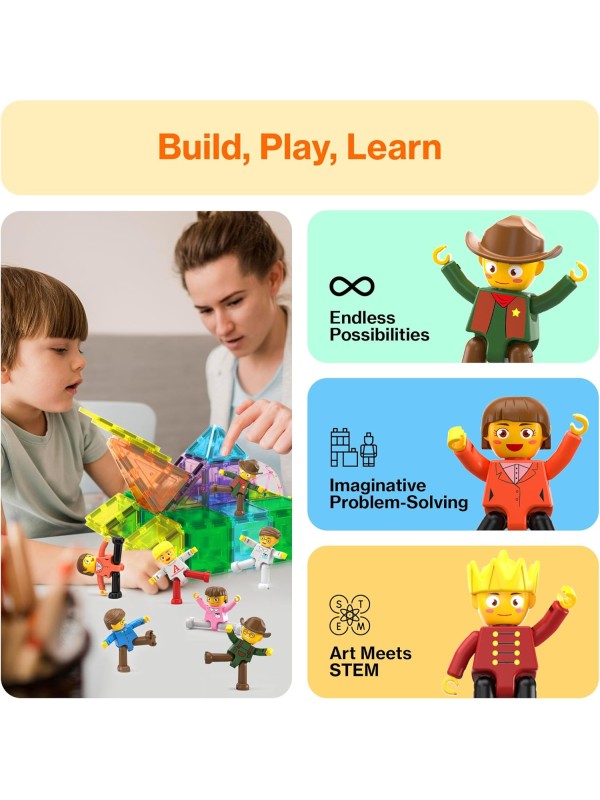 PicassoTiles Magnetic 4 Family Action Figures Toddler Toy Magnet Expansion Pack Educational Add-on STEM Learning Kit Toys Pretend Playset for Construction Building Block Tiles Child Brain Development
