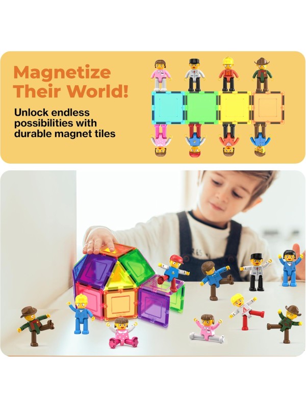 PicassoTiles Magnetic 4 Family Action Figures Toddler Toy Magnet Expansion Pack Educational Add-on STEM Learning Kit Toys Pretend Playset for Construction Building Block Tiles Child Brain Development
