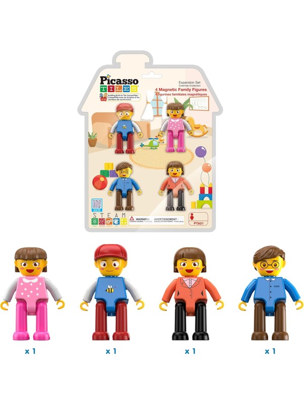 PicassoTiles Magnetic 4 Family Action Figures Toddler Toy Magnet Expansion Pack Educational Add-on STEM Learning Kit Toys Pretend Playset for Construction Building Block Tiles Child Brain Development