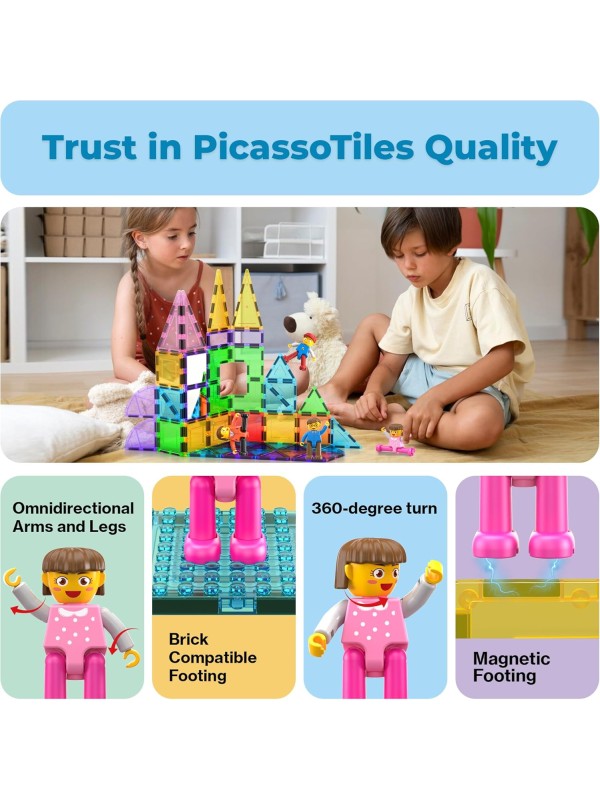 PicassoTiles Magnetic 4 Family Action Figures Toddler Toy Magnet Expansion Pack Educational Add-on STEM Learning Kit Toys Pretend Playset for Construction Building Block Tiles Child Brain Development