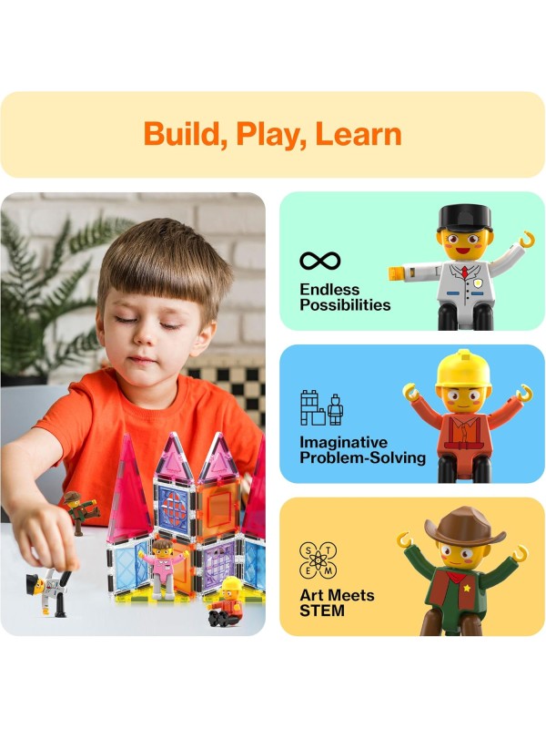 PicassoTiles Magnetic 4 Family Action Figures Toddler Toy Magnet Expansion Pack Educational Add-on STEM Learning Kit Toys Pretend Playset for Construction Building Block Tiles Child Brain Development