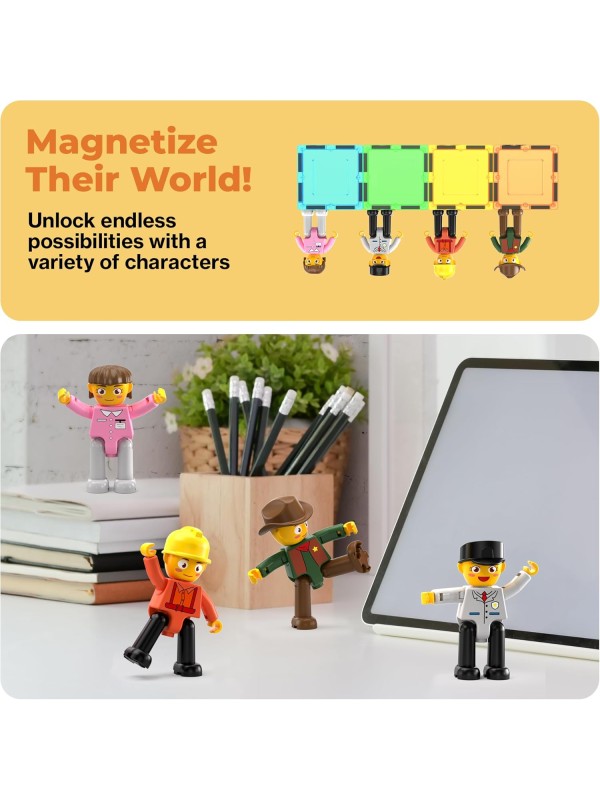 PicassoTiles Magnetic 4 Family Action Figures Toddler Toy Magnet Expansion Pack Educational Add-on STEM Learning Kit Toys Pretend Playset for Construction Building Block Tiles Child Brain Development