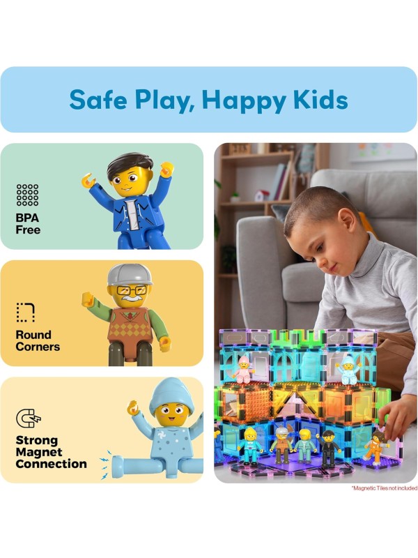 PicassoTiles Magnetic 4 Family Action Figures Toddler Toy Magnet Expansion Pack Educational Add-on STEM Learning Kit Toys Pretend Playset for Construction Building Block Tiles Child Brain Development