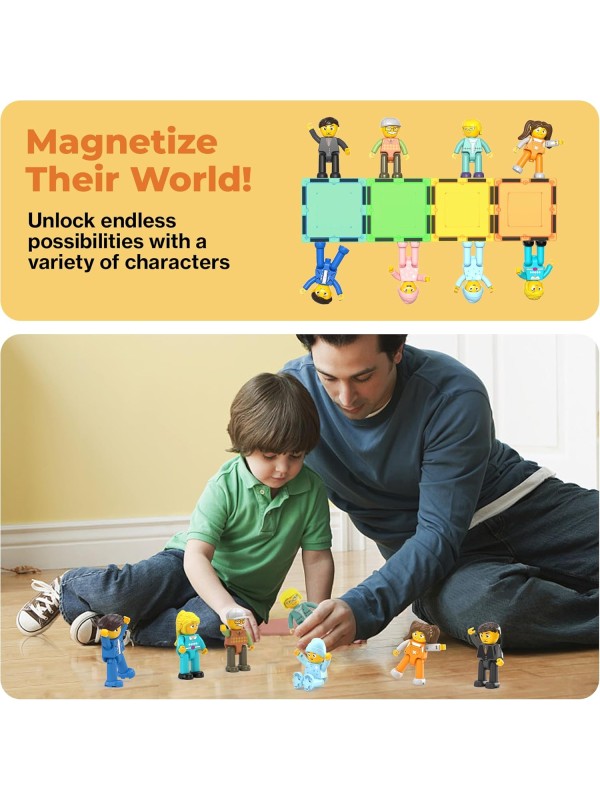 PicassoTiles Magnetic 4 Family Action Figures Toddler Toy Magnet Expansion Pack Educational Add-on STEM Learning Kit Toys Pretend Playset for Construction Building Block Tiles Child Brain Development