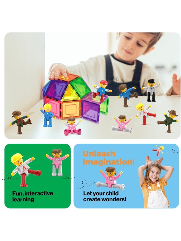 PicassoTiles Magnetic 4 Family Action Figures Toddler Toy Magnet Expansion Pack Educational Add-on STEM Learning Kit Toys Pretend Playset for Construction Building Block Tiles Child Brain Development