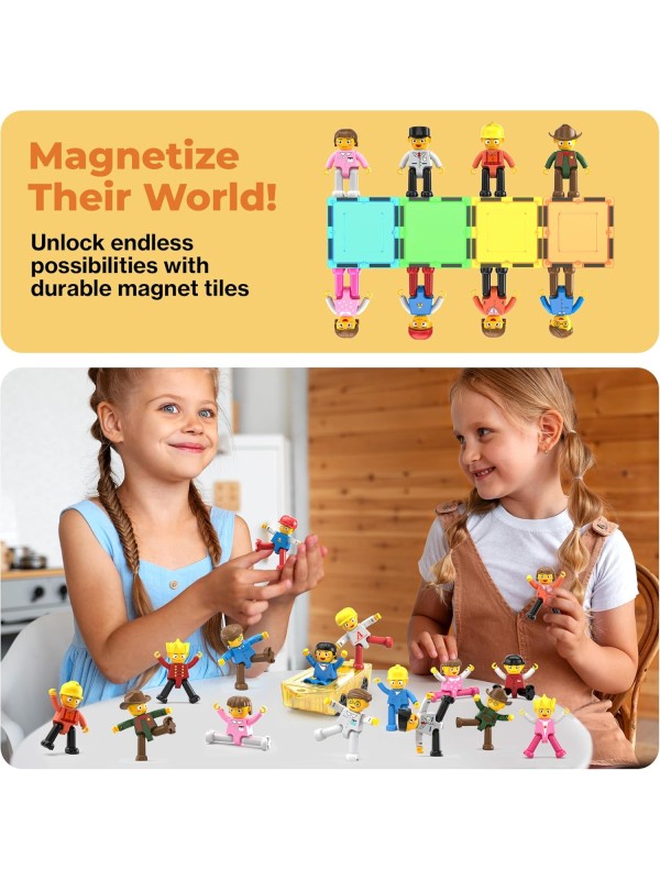 PicassoTiles Magnetic 4 Family Action Figures Toddler Toy Magnet Expansion Pack Educational Add-on STEM Learning Kit Toys Pretend Playset for Construction Building Block Tiles Child Brain Development
