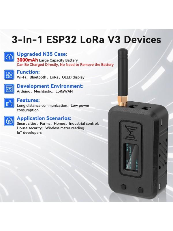2 Set ESP32 Lo Ra V3 Module Board with 915 MHz Antenna + 3000mAh Battery + Case - Integrated WiFi Blue Tooth SX1262 CP2102 0.96” OLED Display Type C for Ar duino Lo ra Mesh Tastic IoT (N35, Black)