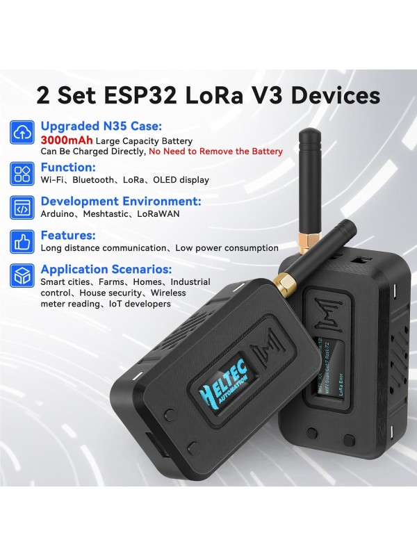 2 Set ESP32 Lo Ra V3 Module Board with 915 MHz Antenna + 3000mAh Battery + Case - Integrated WiFi Blue Tooth SX1262 CP2102 0.96” OLED Display Type C for Ar duino Lo ra Mesh Tastic IoT (N35, Black)