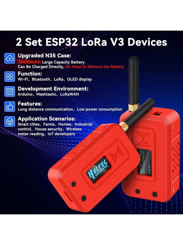 2 Set ESP32 Lo Ra V3 Module Board with 915 MHz Antenna + 3000mAh Battery + Case - Integrated WiFi Blue Tooth SX1262 CP2102 0.96” OLED Display Type C for Ar duino Lo ra Mesh Tastic IoT (N35, Black)