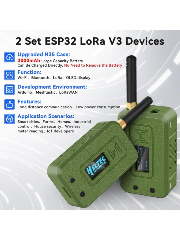 2 Set ESP32 Lo Ra V3 Module Board with 915 MHz Antenna + 3000mAh Battery + Case - Integrated WiFi Blue Tooth SX1262 CP2102 0.96” OLED Display Type C for Ar duino Lo ra Mesh Tastic IoT (N35, Black)