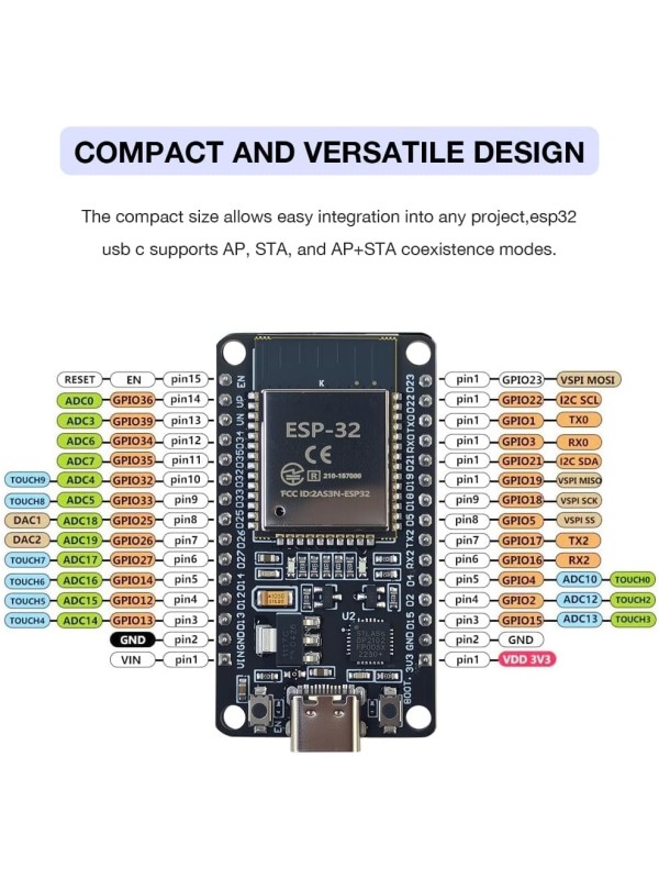 3Pack ESP32 ESP-32S Development Board USB-C WiFi Bluetooth Dual Core Microcontroller for Arduino IDE, Support AP/STA/AP+STA, CP2102 Chip ESP-WROOM-32