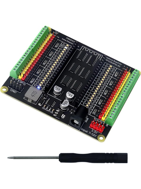 Freenove Breakout Board for ESP32 / ESP32-S3 WROVER WROOM, Terminal Block Shield HAT with Pin Header, 5V 3.3V Power Outputs, GPIO Status LED