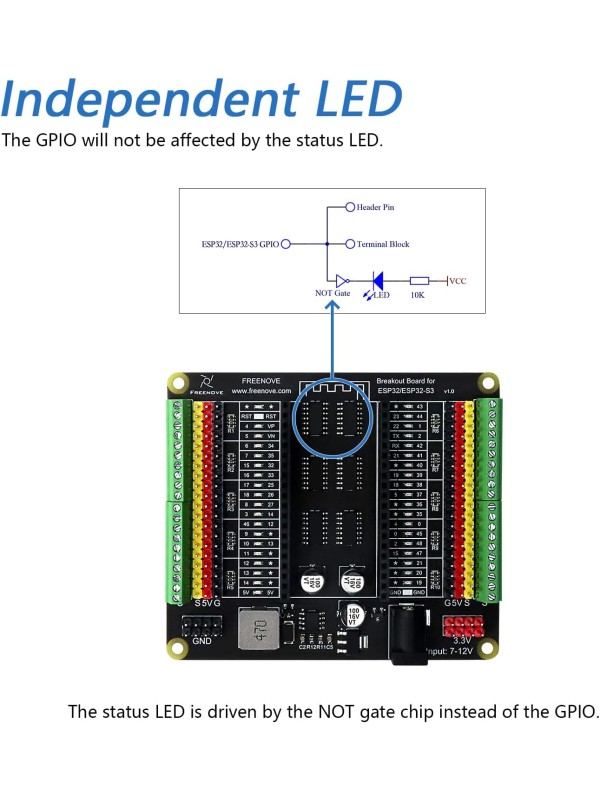 Freenove Breakout Board for ESP32 / ESP32-S3 WROVER WROOM, Terminal Block Shield HAT with Pin Header, 5V 3.3V Power Outputs, GPIO Status LED
