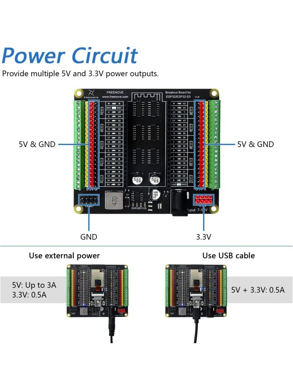Freenove Breakout Board for ESP32 / ESP32-S3 WROVER WROOM, Terminal Block Shield HAT with Pin Header, 5V 3.3V Power Outputs, GPIO Status LED