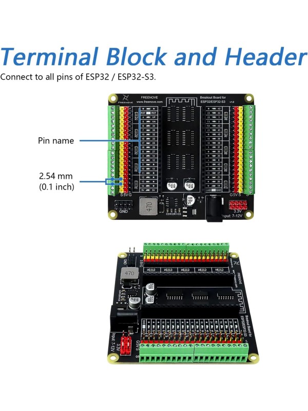 Freenove Breakout Board for ESP32 / ESP32-S3 WROVER WROOM, Terminal Block Shield HAT with Pin Header, 5V 3.3V Power Outputs, GPIO Status LED