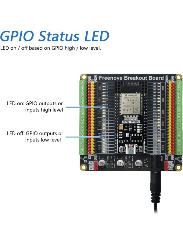 Freenove Breakout Board for ESP32 / ESP32-S3 WROVER WROOM, Terminal Block Shield HAT with Pin Header, 5V 3.3V Power Outputs, GPIO Status LED